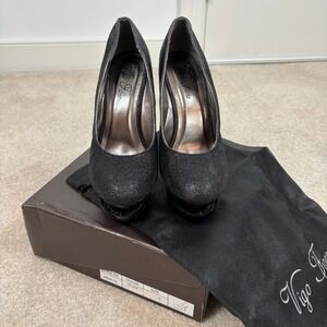 Vigo Fiore Black Glitter Rhinestone Heels Party Platform Pumps Size 8